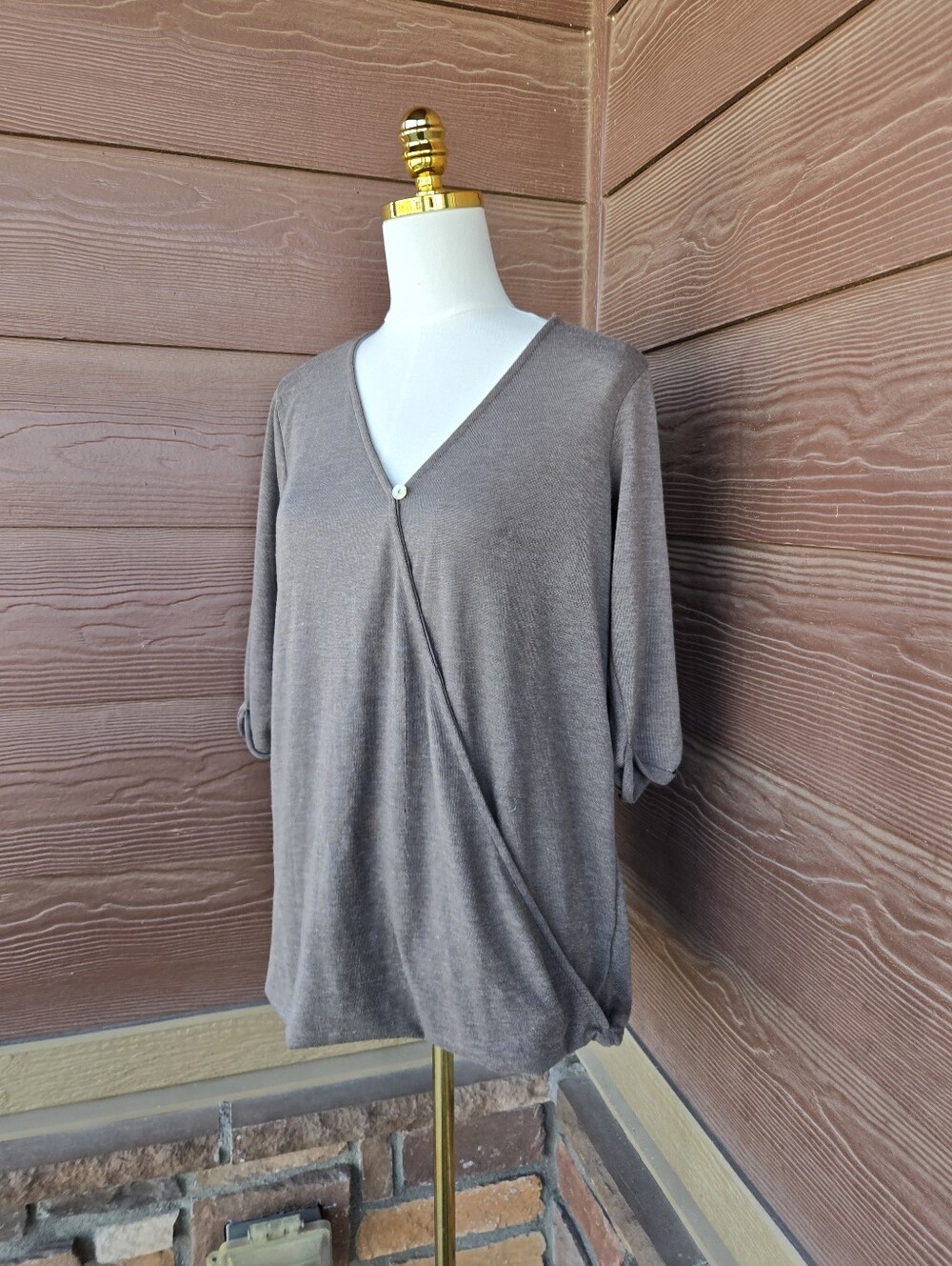 Rags & Couture Taupe Draped Surplice V‑Neck Top – Size Large